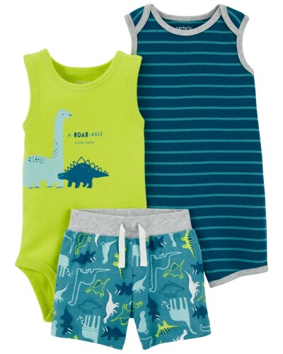 CARTER'S Set 3dílný overal letní kr. rukáv, body bez rukávů, kraťasy Stripes Dinos kluk 24m