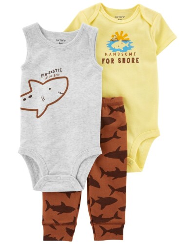 CARTER'S Set 3dílný tepláky, body kr. rukáv, body bez rukávů Brown Shark kluk 12m