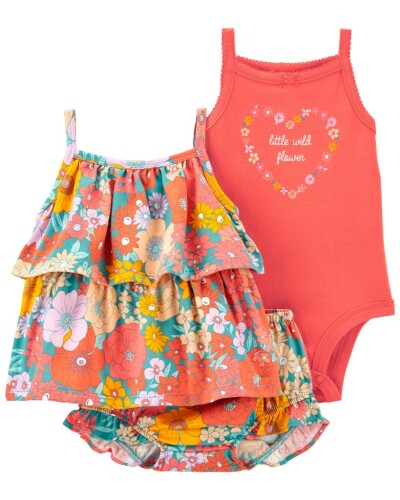 CARTER'S Set 3dílný triko na ramínka, body na ramínka, kraťasy Orange Flowers holka 12m