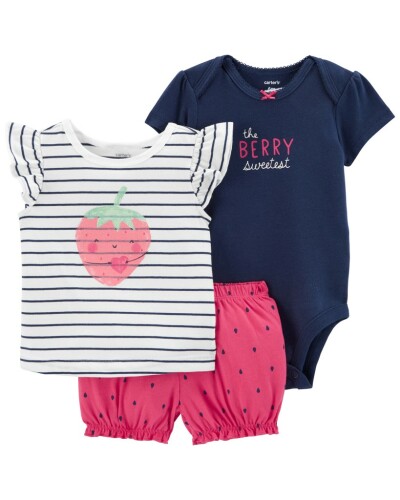 CARTER'S Set 3dílný body kr. rukáv, triko kr. rukáv, kraťasy Strawberry Stripes holka 3m