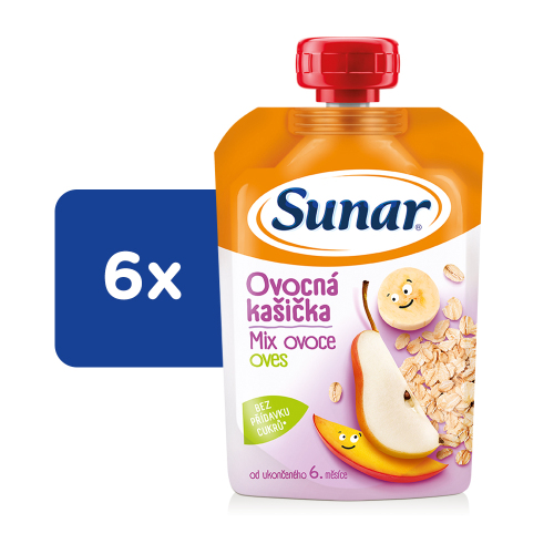 6x SUNAR Kapsička ovocná kašička mix ovoce ovesné vločky 120 g