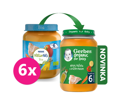 6x GERBER Organic dětský příkrm mrkev a rajčata s krůtím masem 190 g