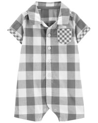 CARTER'S Overal letní krátký rukáv Grey Gingham kluk NB